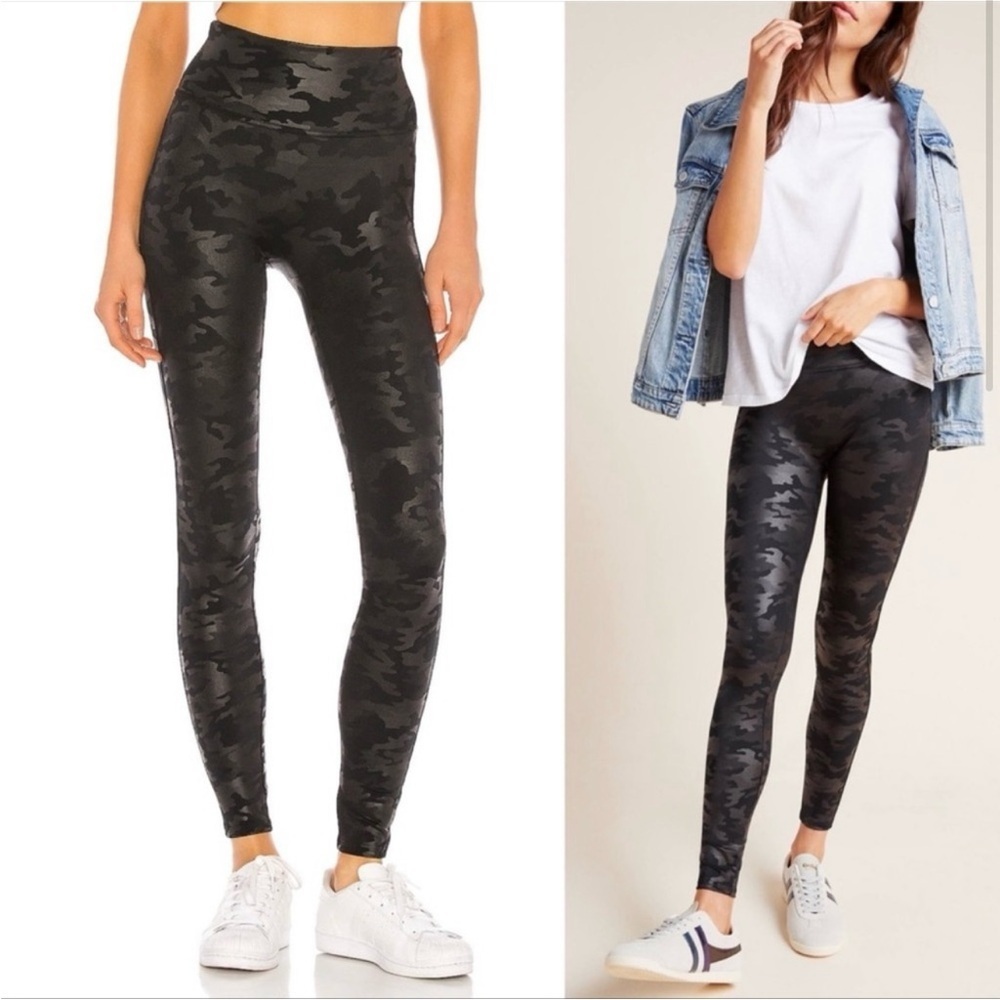 Spanx Faux Leather Camo Leggings Medium Black Shapewear Tummy Control